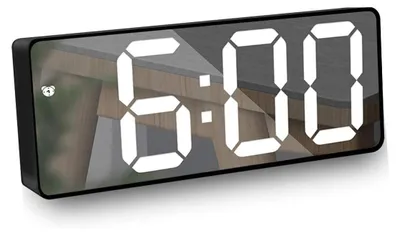 Obrázek produktu pro Digitální budík s LED zrcadlem – Digitální budík s funkcí odložení buzení – Hlasové ovládání – Zobrazení teploty – 12/24hodinový formát – do ložnice, kanceláře, nastavitelný jas – Černá