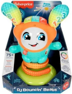 A Fisher-Price DJ Bouncin' Beats toy is displayed in its retail packaging.