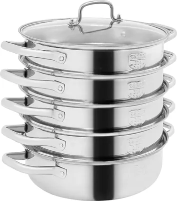 Produktbild von Dampfgarer - Edelstahl Dampfkochtopf 32 cm - 5-stöckiger Stapelaufsatz - 304 Edelstahl - Glasdeckel - Für Gemüse Dumplings Fisch - Silber