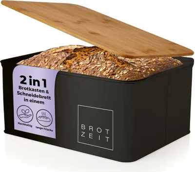 Produktbild von Lumaland Cuisine Brotkasten  Brotdose aus Metall mit Bambus Deckel Brotbox rechteckig 30,5 x 23,5 x 14 cm 2in1 Brotbehälter & Schneidebrett Schwarz