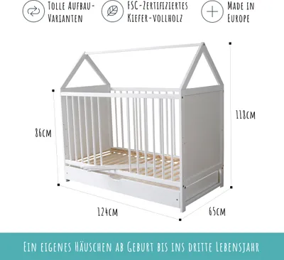 Image de Lit bébé lit d'appoint lit d'enfant et lit d'appoint en un - 120x60 blanc avec tiroir et matelas, réglable en hauteur et transformable