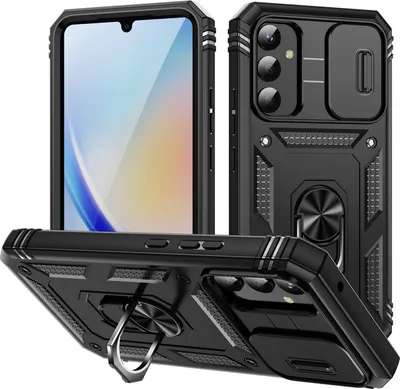Produktbild von Galaxy A34 Hülle, Schiebe Kamera Schutz Stoßfest Schutzhülle mit Ringhalterung Ständer für Samsung Galaxy A34 Schwarz