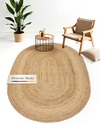 Produktbild von Juteteppich Nele Beige handgewebt aus Jute 80x150 cm | Oval Naturfaserteppich im Boho Style für Wohnzimmer, Küche und im Flur