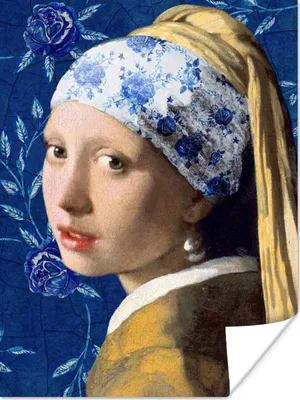 Produktbild von MuchoWow® Poster Mädchen mit Perlenohrring - Delfter Blau - Vermeer - Blumen - Gemälde - Alte Meister 120x160 cm - Wandbilder