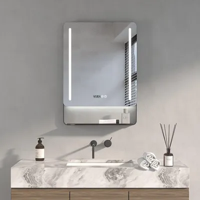 Produktbild von LED Wandspiegel Hängespiegel 50 x 70 cm Spiegel mit Ablage mattschwarzer Aluminiumrahmen Beleuchtung Dimmbar Badezimmerspiegel Badspiegel