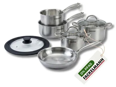 Image de Poêle à Frire 28 cm, Casseroles 14 et 18 cm, Faitouts 20 24 cm inox 18/10 Triply et couvercle Fackelmann Vita3