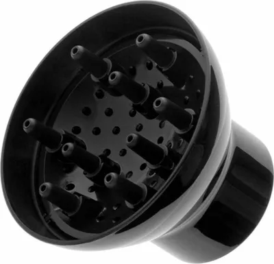 A black hair dryer diffuser attachment is shown against a white background.