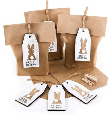 Produktbild von Logbuch-Verlag 6 x Osternest Tüte aus Papier aus Papierbeuteln mit Osteranhänger Hase Holz Geschenkanhänger als Verpackung für Ostergeschenke - Kinder Mitarbeiter Kunde