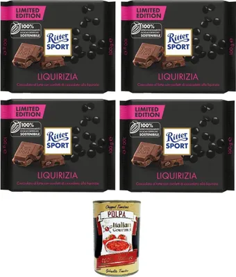 Produktbild von Liquirizia, Limitierte Ausgabe, Milchschokolade mit Lakritzstückchen, 100% nachhaltiger Kakao, 4 Packungen 100gr + Italian Gourmet polpa 400g