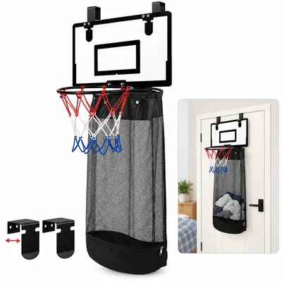 Produktbild von Wäschekorb Basketball, 2-in-1 Basketballkorb & Wäschesack, zum Aufhängen an der Tür, mit Holzbrett, Bodenreißverschluss, für Kinder & Jugendliche