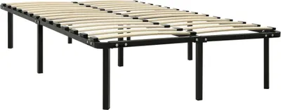 A black metal bed frame with wooden slats, shown from a slightly elevated side angle against a white background.