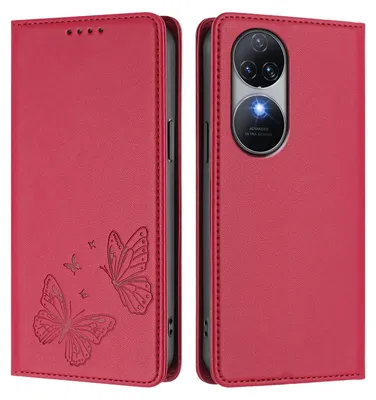 Produktbild von Lederhülle für Oukitel C38, Schmetterling Prägung Leder Brieftasche Schutzhülle mit Ständer Rot