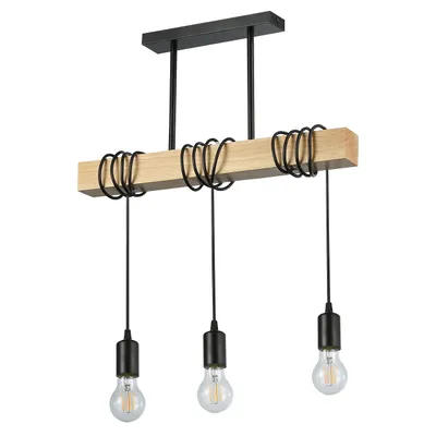 A three-bulb pendant light fixture with a wooden beam and black metal accents.