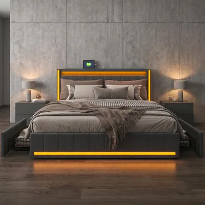 Produktbild von INONEFT Polsterbett 160x200cm mit 4 Schubladen, Jugendbett Doppelbett mit USB/Typ-C und LED, Stauraumbett Massivholzbett mit Lattenrost, Leinen, Grau