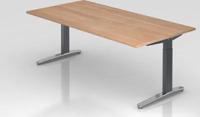 Produktbild von Schreibtisch Mika | Nussbaum | Graues Gestell poliert | BxT 200x100cm | Arbeitshöhe 65-85cm | höhenjustierbar, 1cm Raster | C-Fuß-Gestell | Rechteckform