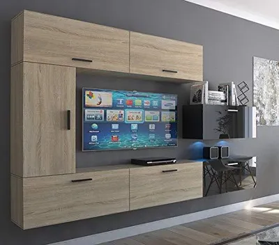 Immagine prodotto di Furnitech Parete attrezzata soggiorno - Mobili da soggiorno con LED Blu - Parete attrezzata moderna - Scaffali e mobile TV (Future C10_HGM_BS_11 1A)