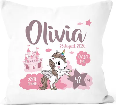 Produktbild von personalisierbares Kissen zur Geburt Einhorn Geburtskissen mit Name Geschenk Geburt Baby Mädchen SpecialMe® weiß 40cm x 40cm