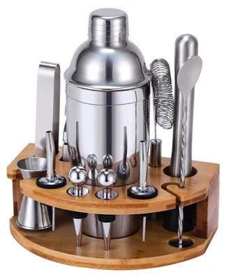 Cocktailshaker-Set mit Bambusständer, 12-tlg. Barzubehör, silber