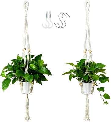 Imagen del producto de Juego de 2 macramés para plantas, hechos de algodón con flecos, incluye 4 ganchos, aptos para interiores y exteriores