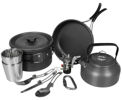 Produktbild von Camping Geschirr Set 10-teilig für 1-2 Personen Outdoor Kochset mit Topf Pfanne Kessel