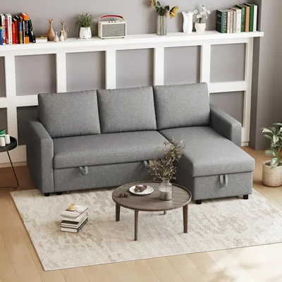 Produktbild von Ecksofa mit Schlaffunktion, Schlafsofa L-Form, Chaiselongue Bettkasten, Leinenoptik Hellgrau | 211,5 x 146 x 85 cm | 135 kg