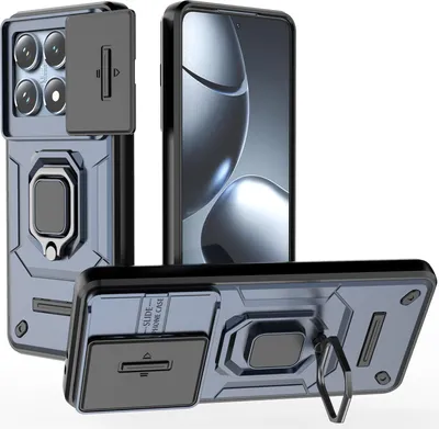 Immagine prodotto di Custodia per Xiaomi 14T Pro a doppio strato con protezione scorrevole della fotocamera e supporto ad anello, supporto Blu