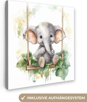 Produktbild von MuchoWow® - Leinwandbilder - Elefant - Tier - Kinder - Dschungel, Wandbild, Wanddeko Bilder Wohnzimmer, 90x90 cm
