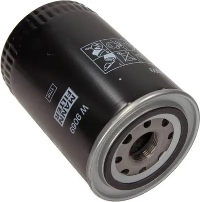A black oil filter with silver and gray metal parts, shown at an angle against a white background.