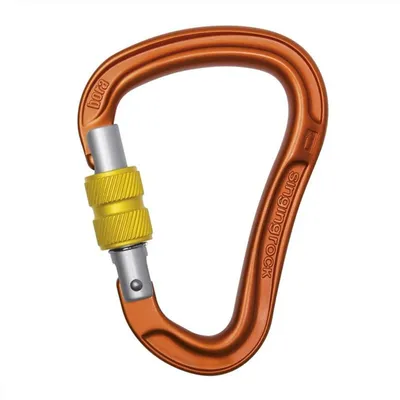 Alukarabiner HMS Bora von Singing Rock; orange mit gelbem Schraubverschluss; geeignet für Klettern.