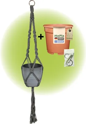 Produktbild von MePla - Set - Ampel Makramee Grau - Bergamo ø16 Hellgrau + Kulturtopf ø15 + Beipack-Set 21550-001
