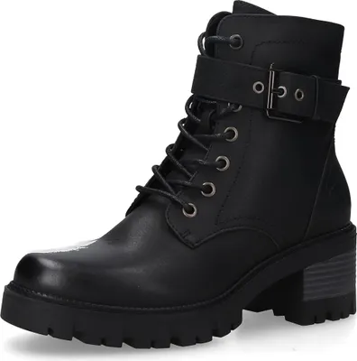 A black lace-up boot with a buckle strap.