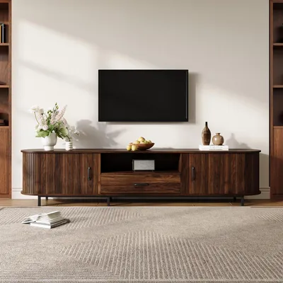 Produktbild von Merax TV Lowboard Fernsehtisch aus MDF, TV-Schrank mit 2 Schiebetüren und 1 Schublade, TV Board mit offene Fächer, Rillenoptik, für 75 Zoll, Walnuss