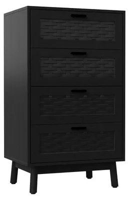 Produktbild von Holzkommode - Sideboard mit 4 Schubladen - Retro Rattanfront - Massivholzbeine - Für Wohnzimmer und Schlafzimmer - 115–140 x 40 x 80 cm - Schwarz