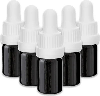 Produktbild von 5x Glasflasche schwarz 5 ml mit weißer Pipette Tropfflasche für Öl Set
