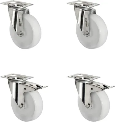 Produktbild von Rollensatz mit 2 Lenkrollen und 2 Feststellrollen, Polyamid, Edelstahl, Durchmesser 100 mm, Transportrollen, Gleitlager, Traglast 450 kg (4er Set)