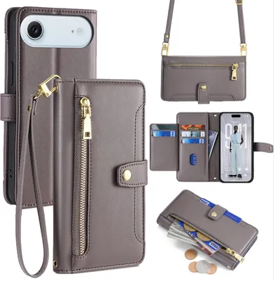 Produktbild von Handykette für iPhone Air Hülle mit Band Handyhülle Kartenfächer Kunstleder Umhängetasche in Grau