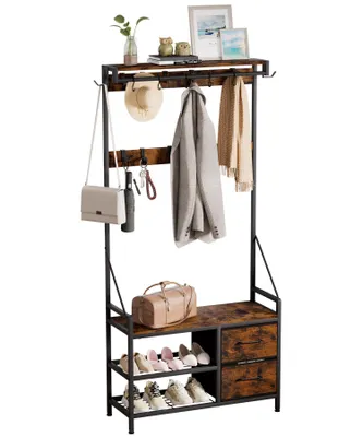 Produktbild von Yorbay Kleiderständer Garderobenständer mit Schuhregal & Sitzbank – 17 Haken, 2 Schuhreihen (80x30x180 cm), 2 Stoffschubladen,Flurgarderobe für Diele