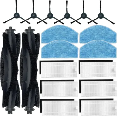 A collection of robot vacuum cleaner replacement parts arranged on a white background.