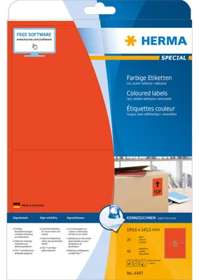 Image de HERMA 4497 étiquettes A4 rouges 199,6x143,5 mm papier mat 40 ex.