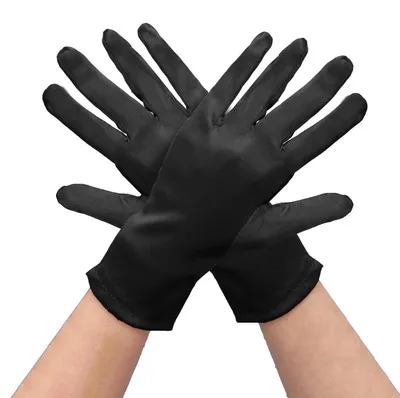 Zdjęcie produktu dla Krótkie, eleganckie rękawiczki damskie, czarne, uniwersalny rozmiar (28 cm), wykonane z nylonu i satyny