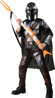 A child wearing a Mandalorian costume and holding a toy rifle.