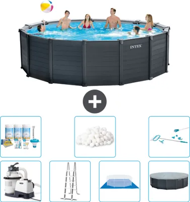 Produktbild von Intex runder Pool mit graphitgrauem Paneel – 478 x 124 cm – inklusive Pumpe – Leiter – Bodenplane – Abdeckung Wartungspaket - Filterbälle - Reinigungskit