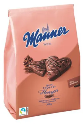 Obrázek produktu pro Manner Rumová lanýžová srdce Oplatková srdce s rumovým lanýžovým krémem 300g