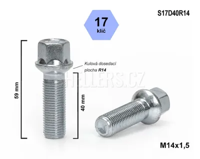 Obrázek produktu pro Kolový šroub M14x1,5x40 koule R14, klíč 17, S17D40R14, výška 59