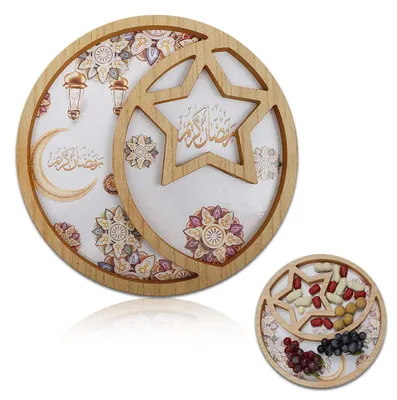 Eid Mubarak Tablett aus Holz, Mond & Sterne, 1 Stück, schwarz