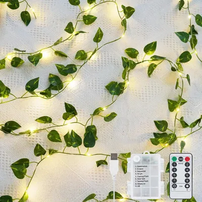 Produktbild von Lichterkette 10.1m 100 LED Ranken mit Efeu und Pothos Blättern, warmweiß, batterie/USB-betrieben, mit Fernbedienung