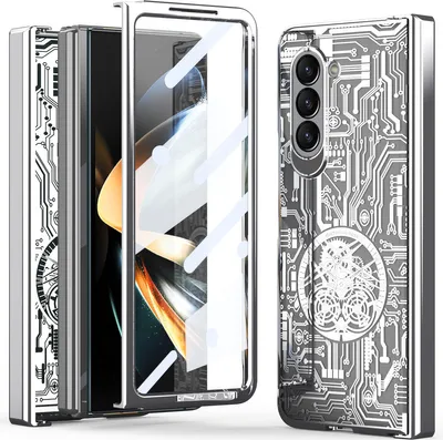 A silver phone case with a circuit board design is shown with a phone inside.