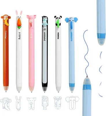 Immagine prodotto di Set di 6 penne a sfera cancellabili, punta 0,7 mm, con motivi a tema animali, inclusa una gomma da cancellare, ideali per la scuola