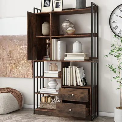 Produktbild von Bücherregal mit 6 Regalen, Türen & Schubladen, Industriell, 100x30x173,5cm, Braun