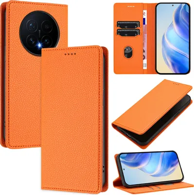 Produktbild von Litchi Leder Handyhülle für Honor Magic8 Wallet Kartenfächer Standfunktion Hülle Orange